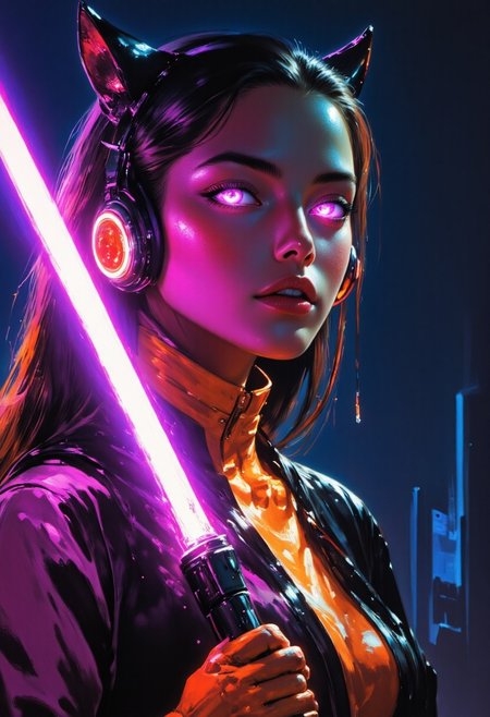 painted world, Comic art style, full body artwork of a Female augmented human with loose black and orange hair, punk clothes, holding a purple lightsaber, glowing-neon-trim, cyberpunk, portrait, glowing slit-pupil eyes, razr kitty style mechanical cat-ear headphones, cybernetic limbs, cyberpunk neon city background, rain, detail, Frank Frazetta fantasy oil painting