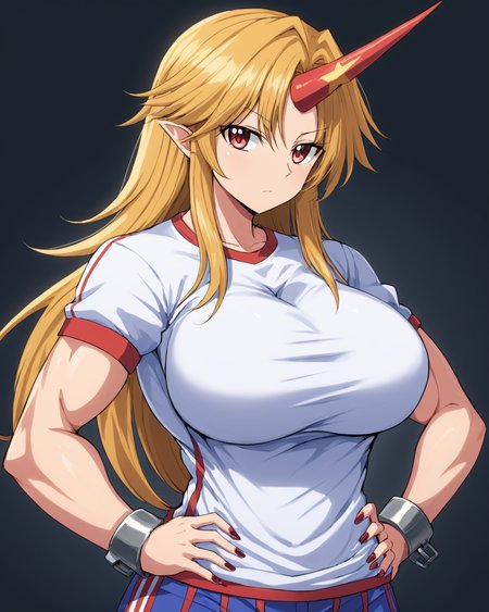 hoshiguma yuugi,1girl, solo, single_horn, ?, cuffs, t-shirt, nail_polish, large_breasts, muscular, hand_on_hip
<lora:hoshiguma_yuugi_image3866_2023-12-17-000008:1>,star-shaped_pupils,symbol-shaped_pupils,. gorgeous,key visual, vibrant, studio anime,award-winning, professional, highly detailed,high budget, cinemascope