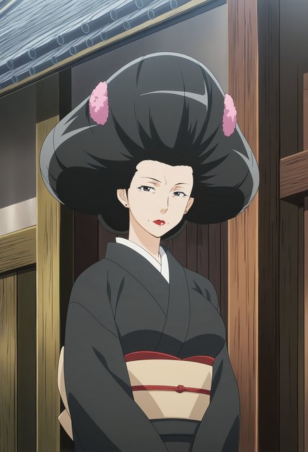anime screencap,anime coloring,detailed face,masterpiece,best quality,very aesthetic,absurdres,volumetric lighting,official style,amazing quality,ultra detailed,highres,amazing quality,scenery,beautiful detailed hair,beautiful detailed eyes,<lora:Ayasato Kimiko-IL V1:1>,Ayasato Kimiko,1girl,solo,japanese clothes,kimono,black hair,lipstick,makeup,sash,earrings,obi,mature female,huge breasts,looking at viewer,upper body,