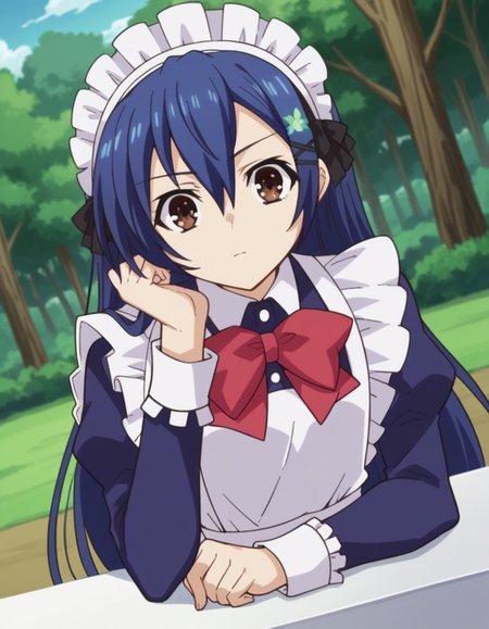 score_9, score_8_up, score_7_up, source_anime, <lora:shiori-itsuka-s2-ponyxl-lora-nochekaiser:1>, shiori itsuka, long hair, hair ornament, brown eyes, blue hair, hairclip, otoko no ko,, long sleeves, dress, bow, frills, bowtie, apron, red bow, maid, maid headdress, crossdressing, enmaided, nature, trees, animals, landscape, open, , sitting, head rest, table,, looking at viewer, solo,, dutch angle, cowboy shot