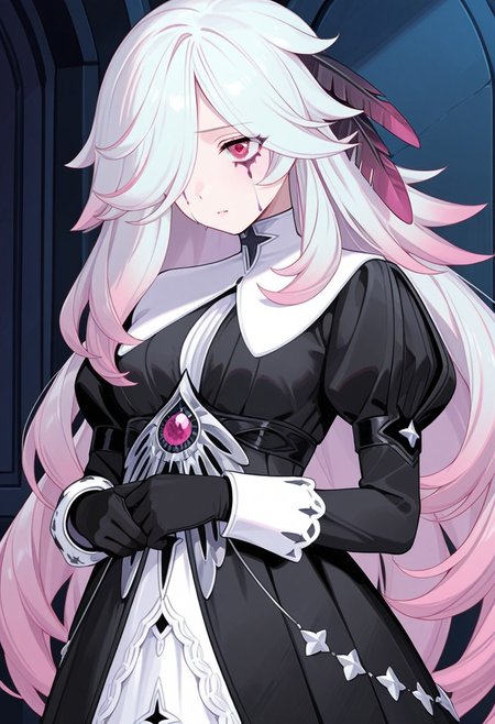 AMAZING QUALITY, MASTERPIECE, 1GIRL, CHIARA, WHITE HAIR, PINK HIGHLIGHTS, RED EYES, HAIR OVER EYE, HAIR FEATHERS, DRESS, EYE STAINS, GLOVES