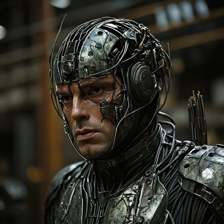 <lora:Year_3000_Movie_StillsSDXL:1> ArsMovieStill, A movie still from the year 3000s, The image is a close-up of a man's face and upper body. He appears to be in a futuristic or sci-fi setting with a dark and eerie atmosphere. The man is wearing a metallic suit with intricate details and patterns on his face and body. His head is covered in a helmet-like structure with multiple wires and cables attached to it. The helmet is also covered in wires and wires giving it a futuristic look. He has a serious expression on his lips and is looking off to the side. The background is blurred but it seems to be a warehouse or industrial setting with machinery and equipment visible. The overall mood of the image is ominous and ominous., realistic, science fiction, solo, blurry background, blurry, cable, upper body, 1boy, helmet, male focus