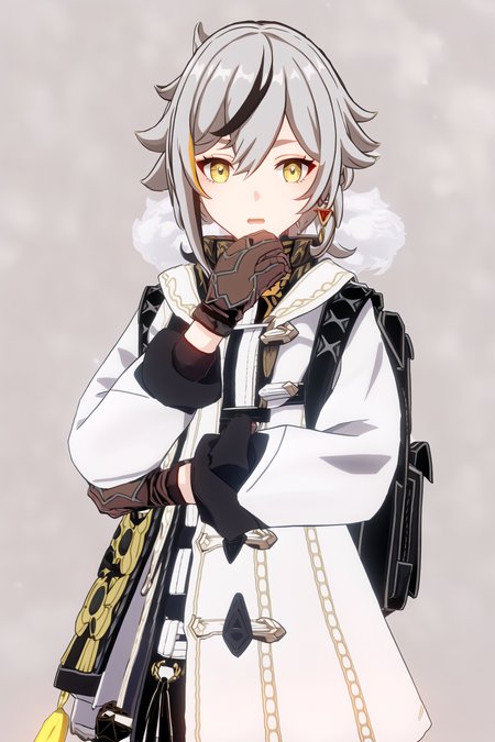wral, masterpiece, best quality, 1girl, solo, multicolored hair, yellow eyes, mask around neck, white gloves, streaked hair, grey background, looking at viewer, gloves, coat, mask, breath, white hair, brown hair, white coat, simple background, winter clothes, bird mask, upper body, hair between eyes, short hair, earrings, winter coat, holding, jewelry, two-tone hair, long sleeves, cowboy shot, sketch, single earring, parted lips, open mouth, bag, backpack, medium hair