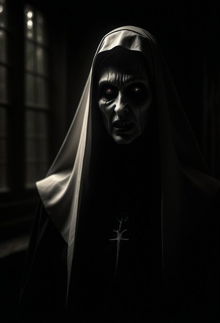 (Monster Beast demon Valak-Nun. Best quality, Masterpiece: 1.2) creepy scary, dark gloomy forest, sepia, grainy, creepy setting. Something frightening, mystical lighting, darkness, drama. Morning light pours through the window. ((best quality)), ((masterpiece)) (detail), 8k, raw photo, glamor shot, cinematic.