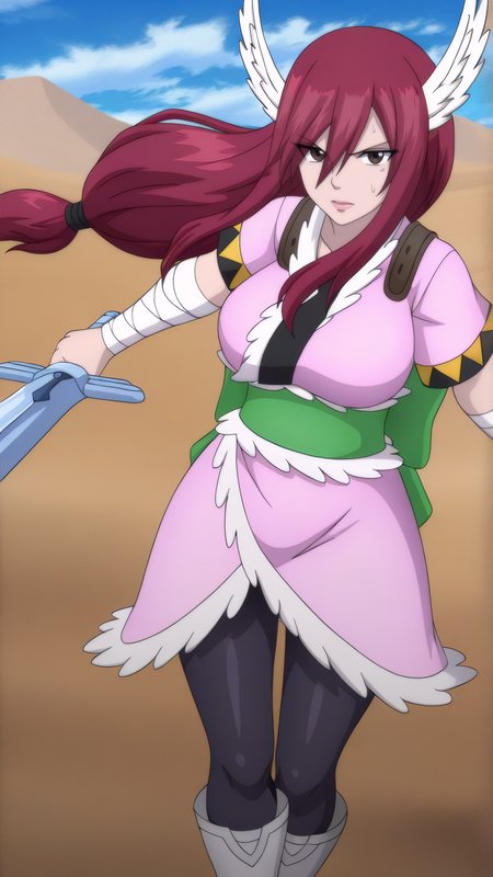 masterpiece, best quality, very aesthetic, absurdres, BREAK, 1girl, looking at viewer, cowboy shot, 
<lora:WindGod_Erza_Illu_Dwnsty:0.8>, erz_windgod, brown eyes, red hair, long hair, low-tied long hair, head wings, bandaged arm, knee boots, pantyhose, pink kimono, sash, pink dress, wings, green bow, white footwear,
large breasts, lips, serious, holding weapon, sword, 
outdoors, cloudy sky, rain, village, desert, autumn,