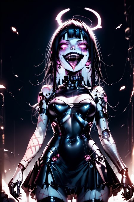 <lora:Angel_and_Succubus_Attempt2:1> angel_demon_v2 <lora:cyberdoll-faireij:1> white cyberdress, cyberdoll-faireij, black lips, cyborg doll, cyborg body details, score_9, score_8_up, score_7_up, score_6_up, score_5_up, score_4_up, <lora:040790P:0.4> 040790P, woman, 24 years old, (tiny waist, flat stomach, narrow hips) medium breasts, perky breasts,, creepy aesthetic, teeth, tongue, open mouth, horror, monochrome, blood, stiches, scars, <lora:HardCrash:1>