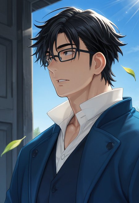 masterpiece, best quality, amazing quality, absurdres, newest, detailed background, definition so sharp, Ultra-HD, 8K cinematic, very awa, impressionate, amazing quality, highres, d10w21ll,
solo, male focus, manly, mature male, bara, day, blue sky, outdoor, sunbeam, windy, flying leaf, 
1boy, short hair, glasses, saruhikofushimi, saruhiko_black hair, saruhiko_black eyes, blue coat, collared shirt, side view, looking far away,
calm expression, parted lips