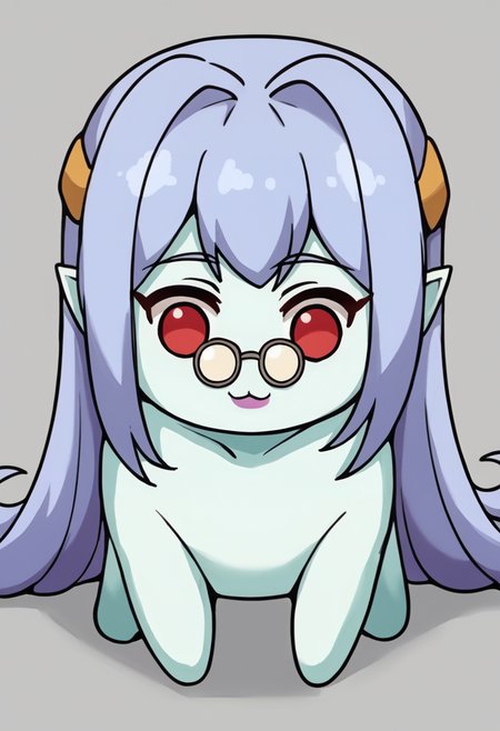 score_9, score_8_up, score_7_up, source_anime, <lora:wrenchremonstermidhampir:1>, remonstermidhampir, colored skin, teal skin, long hair, pointy ears, glasses, red eyes, purple hair, purple lipstick, solo, 
<lora:Doro_X_PDXL_V1:1>, doro, creature, :3, chibi, no humans, solid circle eyes, no pupils, all fours,