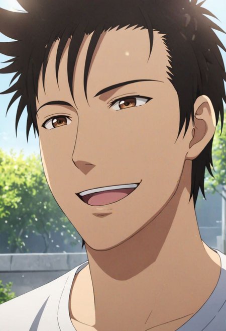 Highres, Masterpiece, High Quality, 4K, 8K, solo, 1Boy, Soujirou Agata, brown eyes, black hair, sunny weather, sunshine, potrait, laughing, looking at viewer, easynegative, detailed_eye_model