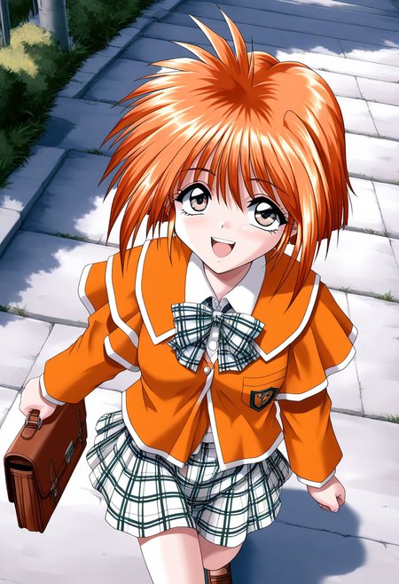 general,highres, ultra-detailed,very aesthetic,best quality ,best hands, BREAK <lora:Kawahara_Ayano_Akumu_AoiKajitsunoSange_IS:1>
Kawahara_Ayano, 1girl, solo, short hair, orange hair, small breasts, grey eyes, bangs, 
orange school uniform, plaid skirt,  white and black skirt, open mouth, smile,  school bag, plaid bow, 
looking at viewer,  outdoors, long sleeves,  
bowtie,  holding bag, :d,  road, 
plaid bowtie, shirt, walking, standing, stairs, 
school briefcase,  from above,  day,
