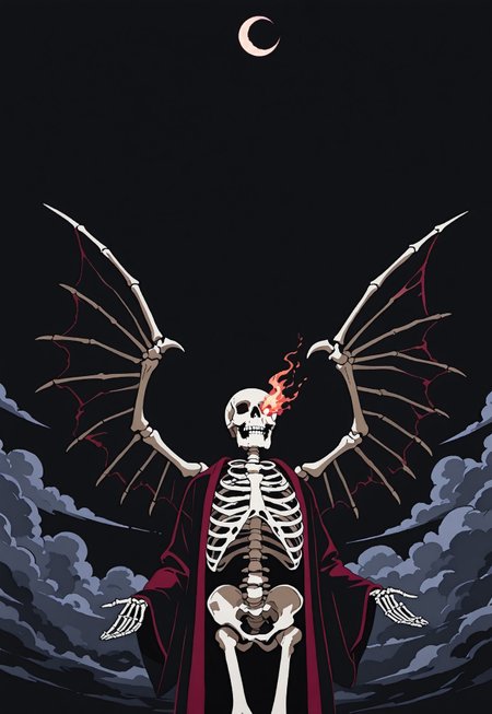 content_safe, safe_pos, score_9, score_8_up, score_7_up, 
High Quality, Solo
Male, Muscular male, Zombie Lich Overlord(skeleton face), large skeletal bat wings, Tattered robes, magical energy, flaming eyes, dark energy
floating in the middle of the sky
large red crescent moon, high up in the clouds
Shot from behind, high shot, black background, blending, flat color, vector art, illustration, vector illustration, cel shading, simple coloring,