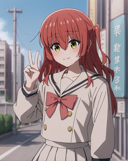 score_9, score_8_up, score_7_up, highres, hi res, best quality, masterpiece, 2d, intricate details, 4k, anime coloring, shadow, uncensored,
1girl, solo, female, long hair, hair between eyes, red hair, one side up, green eyes, yellow eyes,
school uniform, serafuku, sailor collar, pleated skirt, necktie, red necktie, sailor fuku, serafuku, shirt, long sleeves, 
upper body, looking at another, cowboy shot, peace sign, v, v sign,
outdoors, city, japanese city, depth of field, <lora:Ikuyo_Kita_1024_Pony:1>, kita ikuyo, bocchi the rock!,