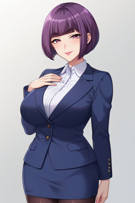 score_9, score_8_up, score_7_up, source_anime, rating_safe, intricate details, anime screencap, official style, <lora:Itsuki_Shima:1>, shima, bob cut, short hair, pink eyes, purple hair, large breasts, blue jacket, blue skirt, white shirt, office lady, black pantyhose, cowboy shot, simple background, looking at viewer, naugthy face, smile, blush, hand on chest, half-closed eyes