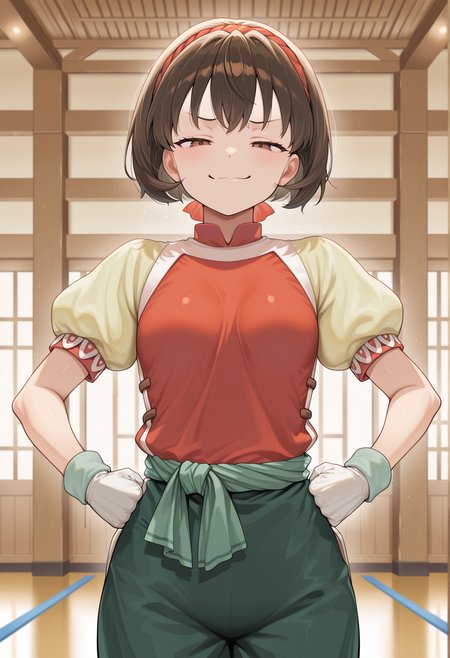 1girl, short hair, brown hair, brown eyes, headband, chinese clothes, red shirt, short sleeves, yellow sleeves, puffy sleeves, green pants, green sash, indoors, dojo, white gloves, green wristbands, hands on own hip, clenched hand, smug, closed mouth, half-closed eyes, torso tilt, small breasts,   <lora:Nanami_Illus:1>, masterpiece, best quality, amazing quality, very aesthetic, absurdres, highres, newest