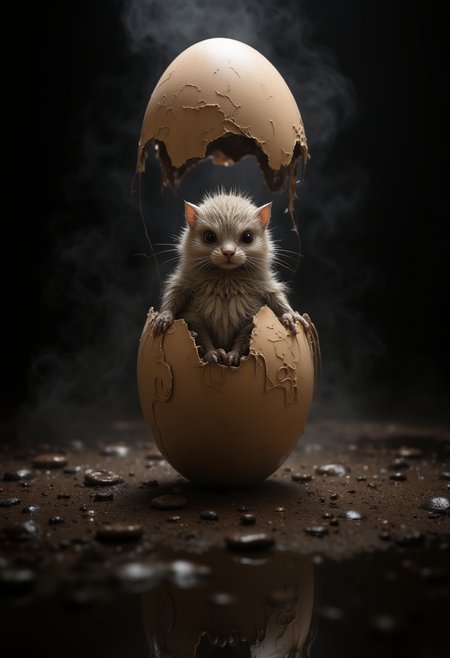 a broken egg, from which emerges an adorable little furry creature, mist, pack shot, dramatic light, dark background with reflections, g1g3r by giger,