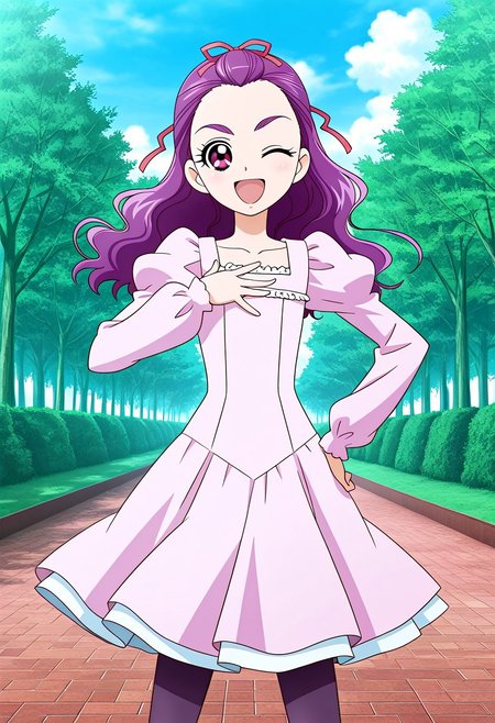 score_9, score_8, score_7, Detailed background, detailed background, outdoor,official art,  kurumi, 1girl, solo, one eye closed, smile, dress, long hair, open mouth, hand on hip, ;d, pantyhose, looking at viewer, long sleeves, pink dress, ribbon, collarbone, puffy sleeves, hair ribbon, hand on own chest, anime style
