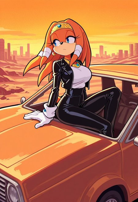 score_9,score_8_up,score_7_up, masterpiece, high quality, sonic channel (style), 1girl, furry female (Tikal the echidna:1.5), (large breasts:1), slim, skinny, small waist, (multicolored fur:1.5), white gloves, black leather ,pants and Jacket    .braless.silver jewelry ,round earrings, three quarter view, solo, sonic channel (style), (black outline, masterpiece, very aesthetic), orange sky, desert background, city ruins in distance, wind, rusty car, sitting in car,