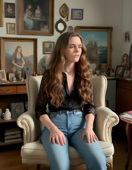 In a spacious, artfully cluttered studio illuminated by soft, warm sunlight streaming through large windows, M1GM1K, a woman with long, wavy brown hair and adorned in a vintage-inspired ensemble of a black lace blouse, high-waisted denim jeans, and an array of intricate jewelry, sits on a worn velvet armchair, her gaze intently locked with the viewer, her full lips subtly parted as if to speak, her long hair cascading down her shoulders, the background filled with vibrant paintings and antique trinkets that attest to her creative passion.