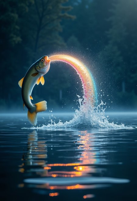aidmaimageupgrader, they glow at night, a high quality digital image of an idyllic lake on a bright calm day, we see a fish leaping from the water in a big arc, the fish is near the peak of the arc, the fish is leaving a shimmering rainbow along it's arc through the air