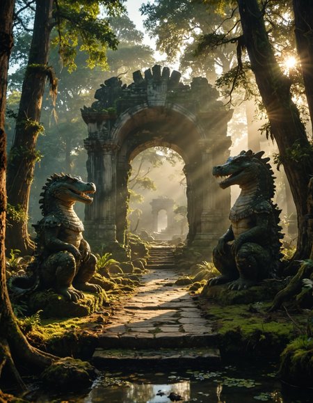 The Temple of Silted Whispers, The temple reveals itself reluctantly, its moss-covered stone steps half-submerged in the mire. The entrance is flanked by gnarled cypress trees, their roots intertwining like ancient serpents.
A pair of colossal stone crocodile statues guard the way, their eyes glinting with an eerie luminescence. They are the sentinels of Sobek, the crocodile god <lora:god rays:0.6>, (masterpiece:1.2) (detailed)(photorealistic:1.2) (bokeh) (best quality) (intricate) (8k) (HDR) (cinematic lighting) (sharp focus) (Clutter-Home:1.2), Cinematic photography, movie mood, cinematic light, compelling composition, storytelling elements, conveys emotion, mood, and narrative depth, creating visually striking images that feel like still frames from a film