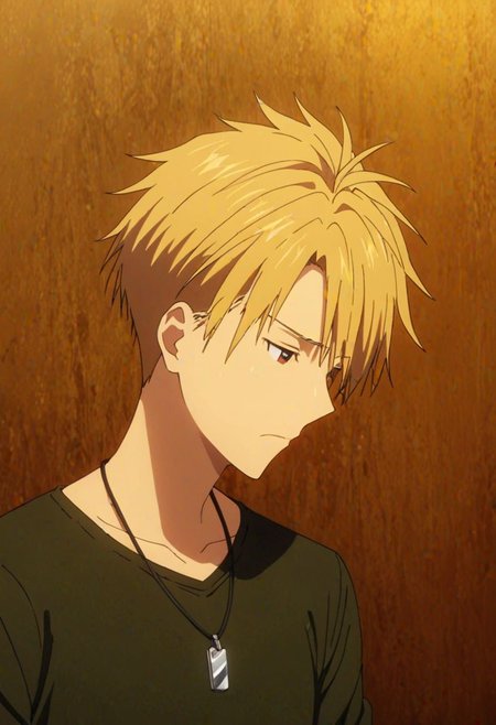 Yamato Ishida, masterpiece, best quality, (1boy), solo, male focus, High definition, Blonde hair, 4K, sad, looking down, Necklace