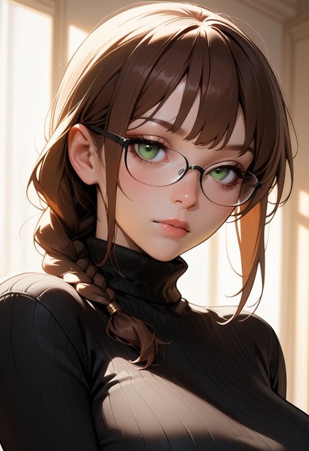 {{masterpiece,best quality,amazing quality}}, nijistyle, 
BREAK
1girl, solo, looking at viewer, portrait, upper body, brown hair, bangs, black glasses, single braid, large breasts, black sweater, turtleneck, vertical stitch, green eyes, expressionless
