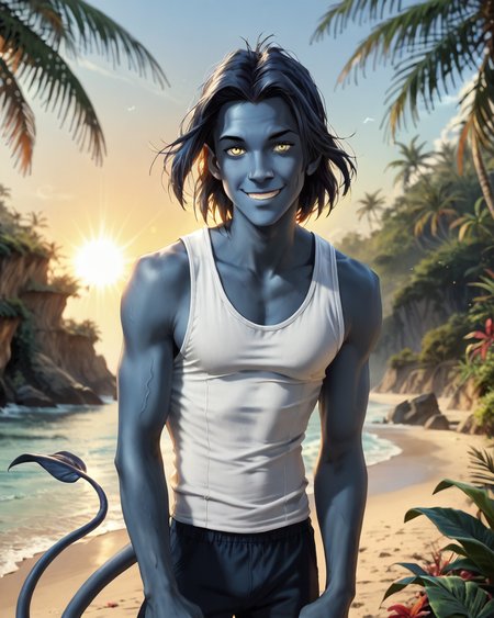 score_9, score_8_up, score_7_up, intricate details, rating_questionable,
<lora:homri52:1>,
<lora:Nightcrawler_X-Men_Evolution:0.8>,
1boy(nightcrawler, dark blue hair, blue skin, yellow eyes, tail with spaded tip, looking at the viewer, solo, happy, 
white tank top, blue shorts), outdoors, on a beach, tropical beach, summer, sunshine,
detailed background, depth of field, 
<lora:ral-chrosc-clr:0.5>, ral-chrosc-clr,
<lora:xl_more_art-full_v1:0.3>,
<lora:add-detail-xl:0.3>