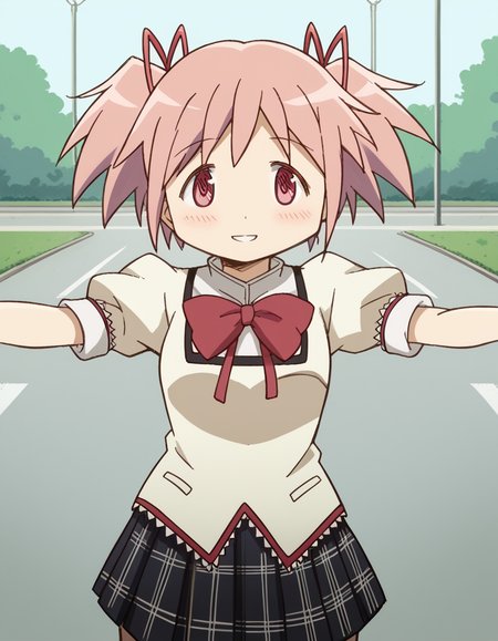 score_9, score_8_up, score_7_up, source_anime, <lora:madoka-kaname-s1-ponyxl-lora-nochekaiser:1>, madoka kaname, short hair, ribbon, twintails, hair ribbon, pink hair, pink eyes, short twintails,, skirt, school uniform, mitakihara school uniform, puffy sleeves, plaid skirt, pleated skirt, bowtie, red bowtie, parking lot, cars, asphalt, spaces, open, smile, <lora:incoming-hug-ponyxl-lora-nochekaiser:1>, incoming hug, looking at viewer, reaching, reacing towards viewer, outstretched arms,, bedroom, smile, blush, parted lips, looking at viewer, solo,, dutch angle, cowboy shot