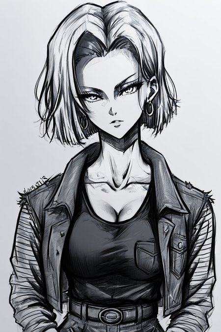 score_9, score_8_up, score_7_up, score_6_up, score_5_up, score_4_up <lora:android-18-ponyxl-lora-nochekaiser:0.8> ,android 18, white hair, eyelashes, hoop earrings, short hair, earrings, belt, black legwear, black shirt, breast pocket, cleavage, collarbone, denim, denim skirt, high-waist skirt, jewelry, long sleeves, pocket, shirt, shirt tucked in, skirt, striped, striped sleeves, waistcoat ,<lora:drawing_style_pony:1>, drawing_style, drawing, sketch, 1girl, looking at the viewer, solo, alone, lines drawing, monochrome, greyscale, masterpiece, highres