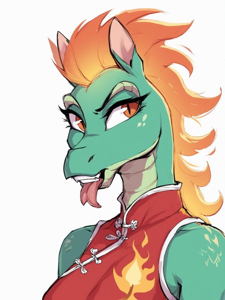 score_9,score_8,score_7,source_furry,
<solo:1.5>,
<1girl:1.5>,
dragon horse,
female,
tits,
dress,
fire hair,
flame hair,
flames,
anthro,
qipao,
green body,
green  scales,
upper body,
face focus,
face zoom,
<white background:1.5>,
<simple background:1.5>,
 <lora:Tianhuo_F_Herds_Pony_SDXL:1> tianhuo_tfh, dumb,
confused,
teeth,
tongue out,