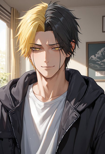 masterpiece, best quality, amazing quality, very aesthetic, absurdres, newest, detailed background, ram3s, 1boy, male focus, solo, facial tattoo, blonde hair, black hair, two-tone hair, yellow eyes, t-shirt, black jacket, smug
