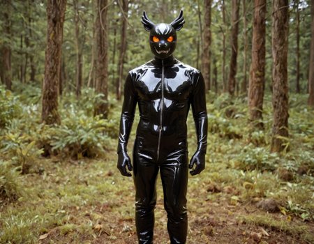 a galago animal wearing a latex costume, in a forest where the trees have latex trunks