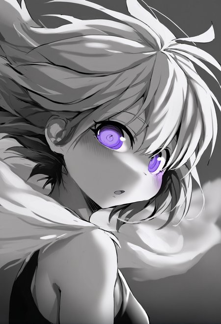 masterpiece, hyper detailed, best quality,(furry:1.3),1girl, solo, short hair, portrait, monochrome, floating hair, looking at viewer, grey background, spot color, simple background, blurry, open mouth, parted lips, greyscale, depth of field, multicolored eyes, bare shoulders, purple eyes, eyelashes, blue eyes  ,<lora:DAGASIXLlokr8f-000188:0.95>