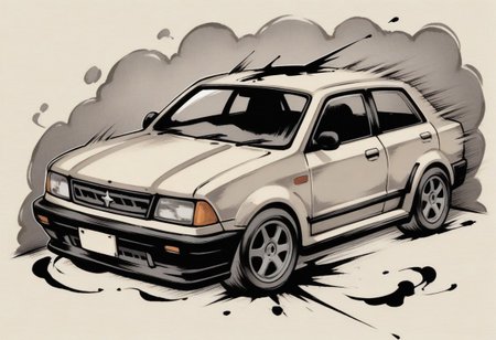 sumi-e, minimalist style, heavy ink, thick lines, smudged lines,
Chandra gasps in shock as a car crashes into the wall