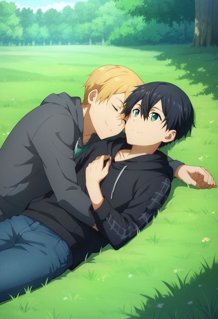 score_9, score_8_up, score_7_up, source_anime, highly detailed, 
1boy, 1boy,
Kazuto Kirigaya, SAO, black hair, black eyes,
and eugeo, green eyes,blonde hair,hair between eyes, green eyes, 
outdoor, tree, grass, lying down, tartan blanket, hoodie, jeans, socks, sleeping, head on chest, embrace, smile, closed eyes, up view,