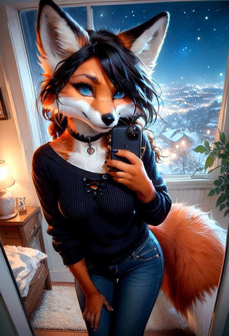 score_9, score_8_up, score_7_up, braided black hair, anthro fox female,foxfolk,perfecteyes,blue eyes, one eye covered by hair, open chest, medium breasts, down blouse,black choker, black knittet sweater,over sized sweater, tights, jeans,from above, selfie, looking at viewer,dutch angle, perfect quality, high quality,  at night ,cosy athmosphere, expressiveH