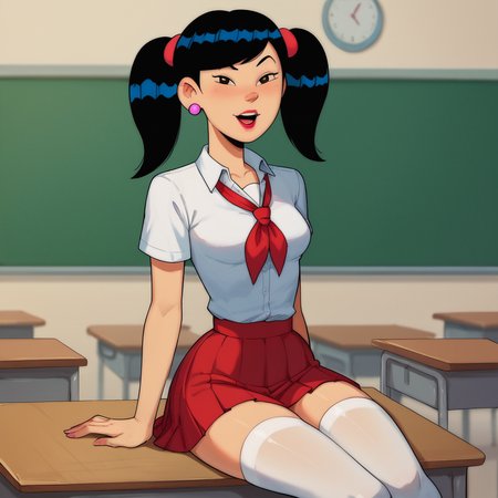 score_9, score_8_up, score_7_up, 1girl, Cassandra, black hair, twintails, brown eyes, lipstick, earrings, small breasts, narrow waist, wide hips, looking at viewer, school uniform, thighhighs, sitting, on desk, highres, high quality, masterpiece, <lora:Cassandra:0.8>