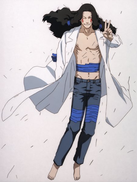 score_9, source_anime, rating_explicit, masterpiece, best quality, BREAK, white background, 1boy, <lora:Masami Eiri_PDXLv0:0.8> masami eiri \(sel\), labcoat, jeans, barefoot, v, floating, solo,