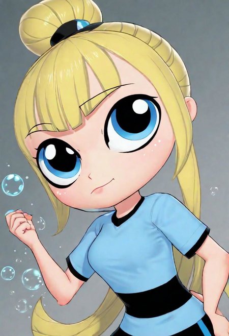 masterpiece, best quality, a girl, ppg, powerpuff girl style,blue eyes,blue shirt, long hair,blonde hair,bubbles