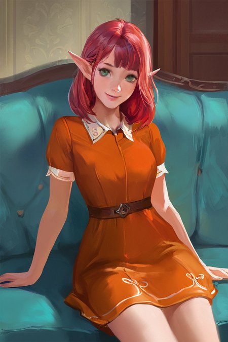masterpiece, best quality, highres, newest, concept art, digital art, realistic, elf, pointy ears, red hair, medium hair, green eyes, orange dress, collared dress, medium dress, short sleeves, smile, 1girl, solo, looking at viewer, cowboy shot, sitting, on couch, blue couch, indoors, living room <lora:Pink Dreams [LoRA] - NoobAI-XL EPS 1.0:0.8>