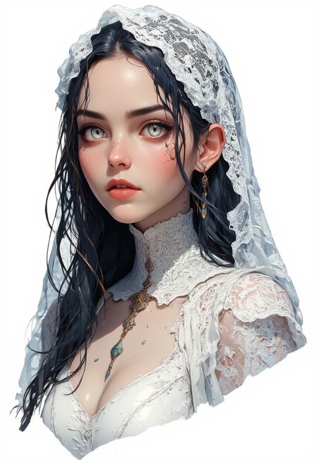 Hight detailed, ((front side view)) 
a woman with long dark hair. Her image stands out with the contrast of classic and modern elements. She is dressed in a white exquisite vintage-style lace dress with a high openwork neck, emphasizing elegance and sophistication. On her head is a white fishnet - veil with lace
Puffy lips, red lips, upper lips with an upward curve, 
She has pale skin with drops of water adding texture and realism.
There are noticeable tattoos on her neck and chest
CharacterDesignFLUX, reference sheet,white background,simple background,multiple views, upper body, front, from side, color palette reference, high_detailed, captured in high detail, magic particles, multiple references, hkevil