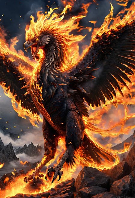 upscale, a black fire phoenix, body made of fire, massive gigantic fire phoenix, fierce, roaring, looking at the viewer,  hyperrealistic, fantasy, flying around, angry, highly detailed body, super realistic, hi_res, absurd detailed, very detailed face, in a volcanic environment, volcanic eruption on the background,