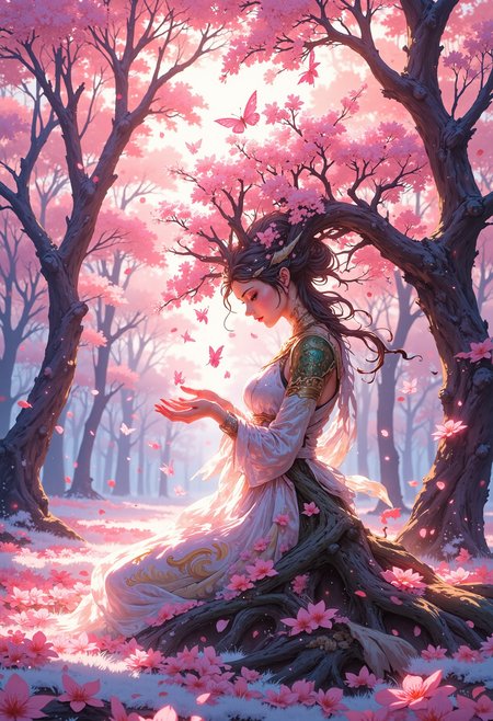 3pic_vist4,
animeniji,
VibrantlySharp style, in a romantic painterly cel-shaded style, humanoid tree spirit with cherry blossom antlers, delicate limbs entwined with petals and bark, graceful sideways pose with hands releasing glowing butterflies â background: dreamy pink and peach forest clearing with swirling petals, soft pastel gradients, ambient godrays and a serene springtime glow