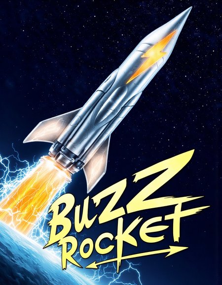 hyperrealistic image, A dynamic poster titled "Buzz Rocket" features a sleek, futuristic rocket soaring upwards against a backdrop of a starry night sky. The rocket is metallic silver with sharp, aerodynamic lines, and a prominent lightning bolt symbol in bright yellow emblazoned on its side. The trail of the rocket glows with electric orabge and white streaks, mimicking the energy of a lightning strike. Below the rocket, the bold title "Buzz Rocket" written with electrified golden letters. The background fades from deep midnight blue at the top to a lighter gradient near the bottom, giving the impression of the rocket breaking through the atmosphere. The overall design is vibrant, energetic, and eye-catching, capturing the excitement and power of the "Buzz Rocket." , detailmaximizer, aidmaGlow, <lora:flux\aidmaGLOW-FLUX-V0.1.safetensors:0.6:0.6> <lora:flux\FluxDFaeTasticDetails.safetensors:0.5:0.5> <lora:flux\flux_realism_lora.safetensors:0.71:0.71> <lora:flux\detailer_flux_v1.safetensors:0.6:0.6> <lora:flux\aidmaImageUpgrader-FLUX-V0.1.safetensors:0.5:0.5>
