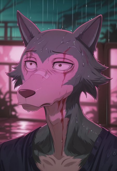 masterpiece, best quality, amazing quality, 
Legoshi, anthro, wolf, beastars, scar on right brow, mature male, animal ears, grayish blue fur, brown eyes, skinny build,
(messy fur:0.8), wet, bruise, scratches, injury, portrait, bandaid on nose, upper eyelid half closed, sad, 
blurry background, pink lighting, night, dark, pink theme, blood on face, rain,