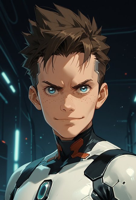 score_9, score_8_up, score_7_up, score_6_up, score_5_up, score_4_up, 1boy, solo, cyberpunk, science fiction, upper body, source_anime, knva, looking at viewer, detailed, cyberware, techware, Koji, Blue Eyes, Brown Hair, Freckles, Bodysuit, slight smirk, slight smile,