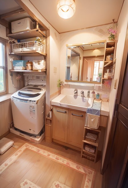score_9, score_8_up, score_7_up, rating_safe, masterpiece, best quality, absurdres, unity 8k wallpaper, official art, official style, source_anime, uncensored, game cg, megami magazine,
JML2, sink, scenery, door, faucet, indoors, mirror, cabinet, laundry, washing machine
 <lora:JP_Senmenjyo_PONY_V2:1>