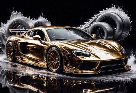 GOLD LIQUID METAL sports car, race car, racing through SILVER LIQUID METAL, liquid metal sprays up from the cars tyres, Car drifting in a black void