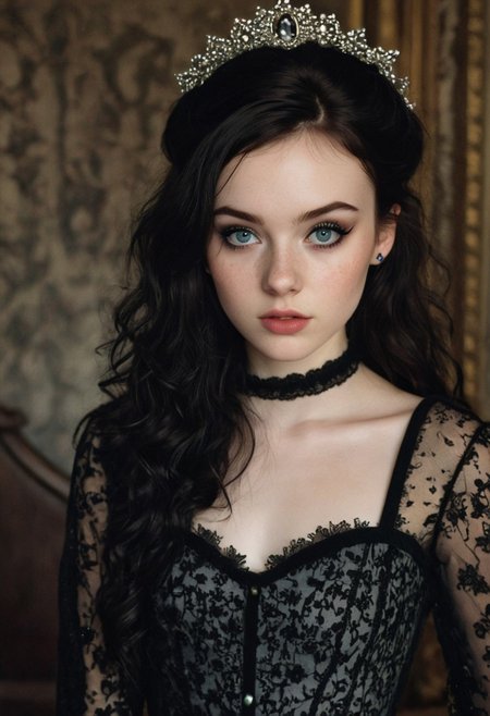portrait, close up, cute face, beautiful,18 years old, (black bold eyeliner, makeup:1.3), pale skin, young,bangs,freckles, ear,wavy brunette hair,freckles,,interior,fancy bedroom,gothic room,castle interior,petite body, small breasts, beautiful legs, realistic soft skin, looking at viewer, hyperdetailed, analog photo, Cinematic,contrast,high contrast,(very detailed eyes,detailed lips,detailed face,cute,pretty)