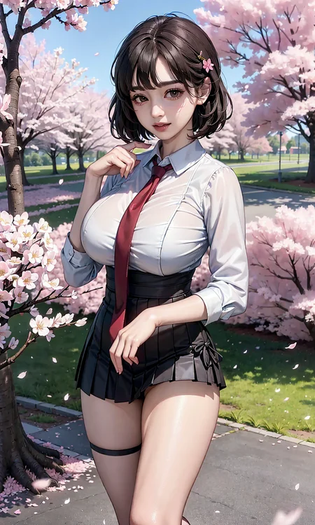 (realistic:1.5), photorealistic, octane render, (4k, 8k), (hyperrealistic:1.2), (photorealistic face:1.2), (Best Quality), extremely detailed, intricate, hyper detailed, (eyes detailed, finger detailed:1.2), looking at viewer, (short hair, curly hair, dense bangs, black hair), (outdoors, cherry blossom trees, korean school uniform:1.3), (1girl, solo, alone, large breasts, large thighs, 2legs, walking, tie up hair:1.4), (brown eyes:1.2), smile